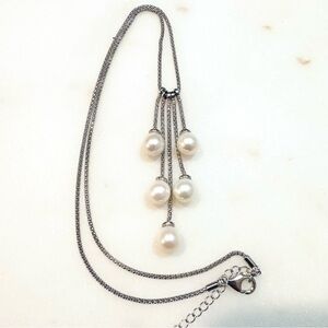 White Freshwater Pearl Popcorn Chain Rhodium over Sterling Silver Drop Necklace